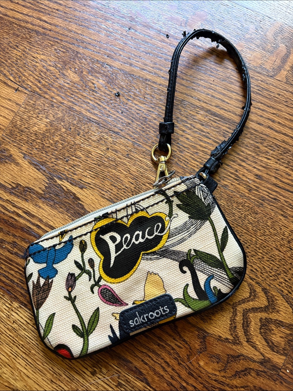 Sakroots Cream Floral 'Peace' Canvas Wristlet with Multicolor Accents